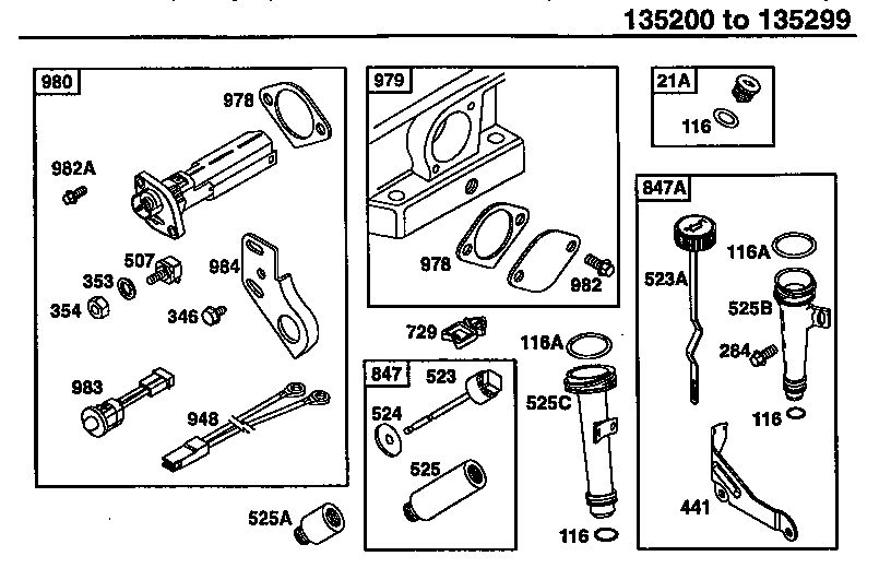 Oil Gard Kit Diagram and Parts List for 135200-135299 0001-0013 Briggs and Stratton Engine